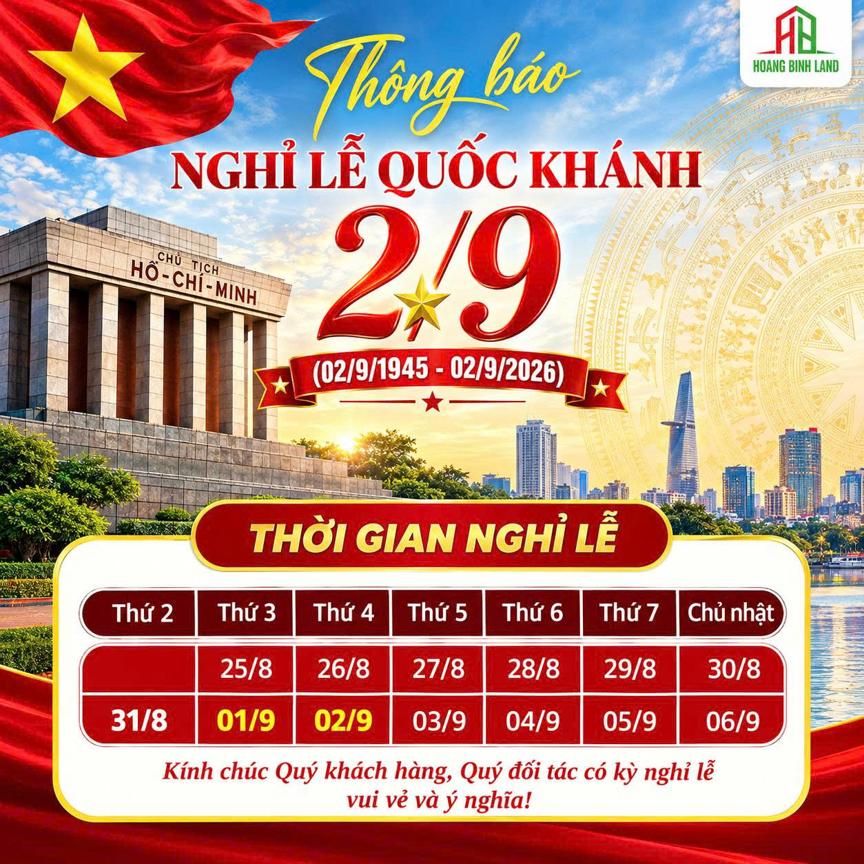 HOÀNG BÌNH LAND THÔNG BÁO LỊCH NGHỈ LỄ 2/9/2026