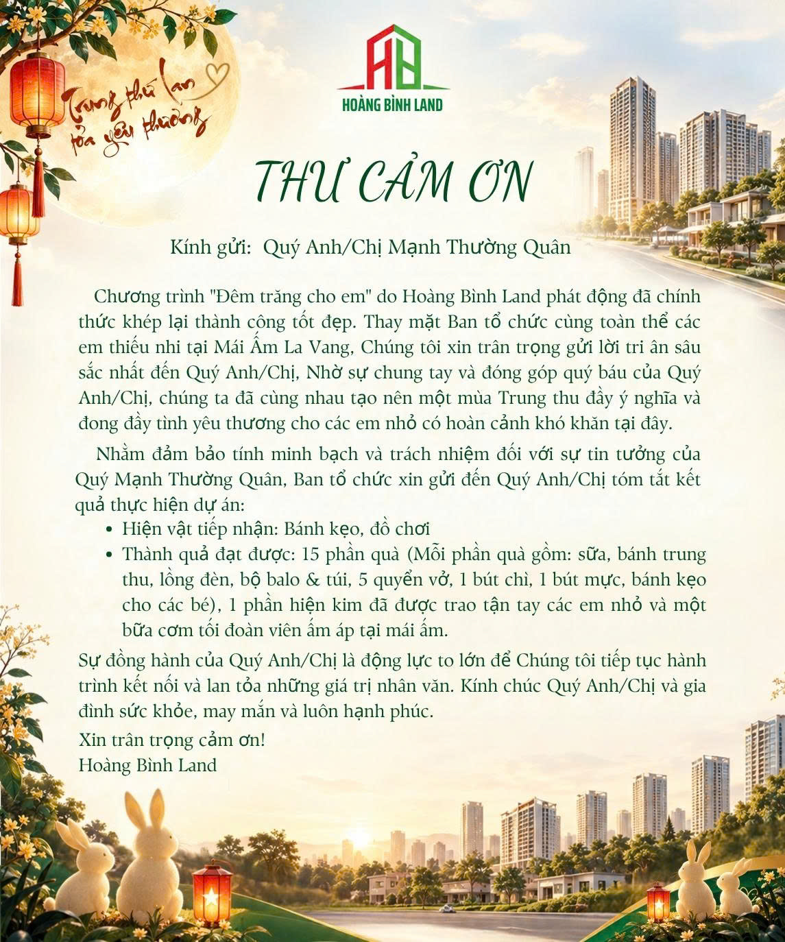 THƯ CẢM ƠN