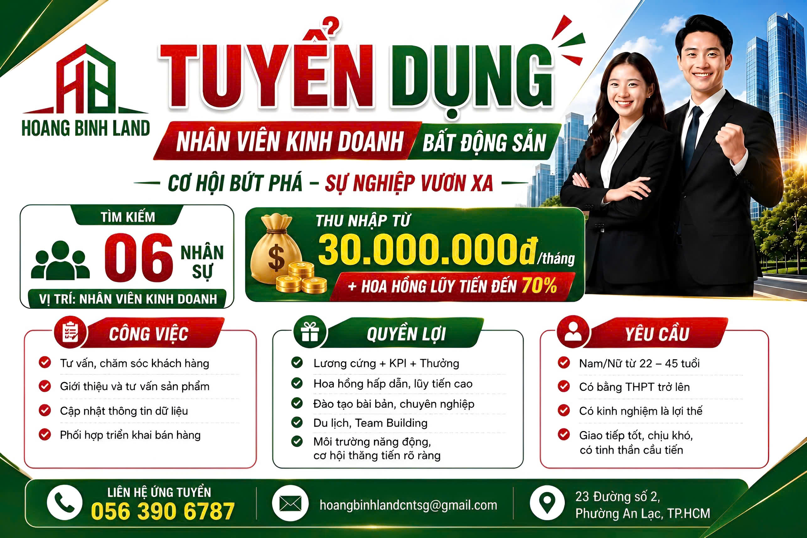 HOÀNG BÌNH LAND – CHI NHÁNH TÂY SÀI GÒN TUYỂN DỤNG NHÂN VIÊN KINH DOANH   