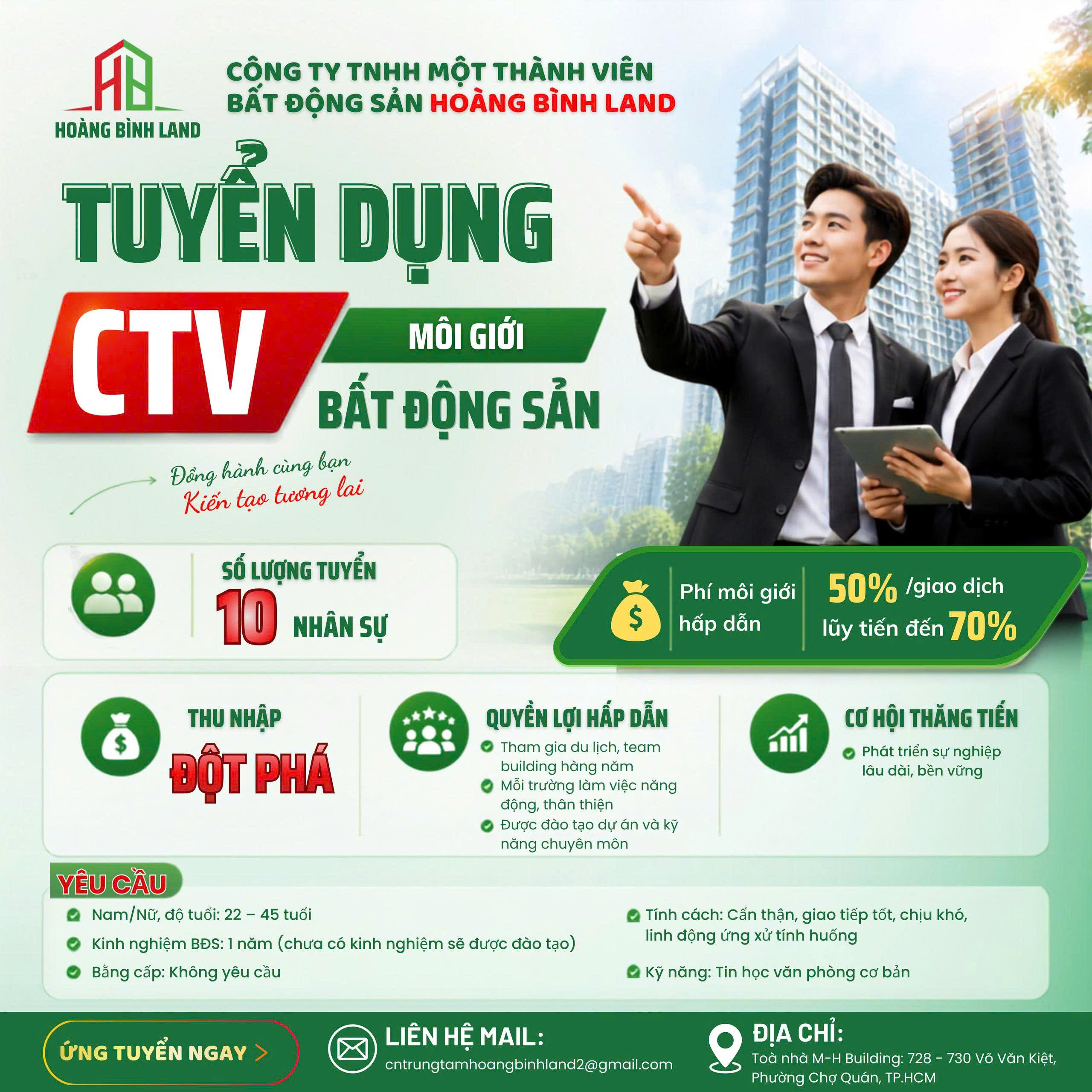 CHI NHÁNH TRUNG TÂM - HOÀNG BÌNH LAND TUYỂN CỘNG TÁC VIÊN MÔI GIỚI BẤT ĐỘNG SẢN