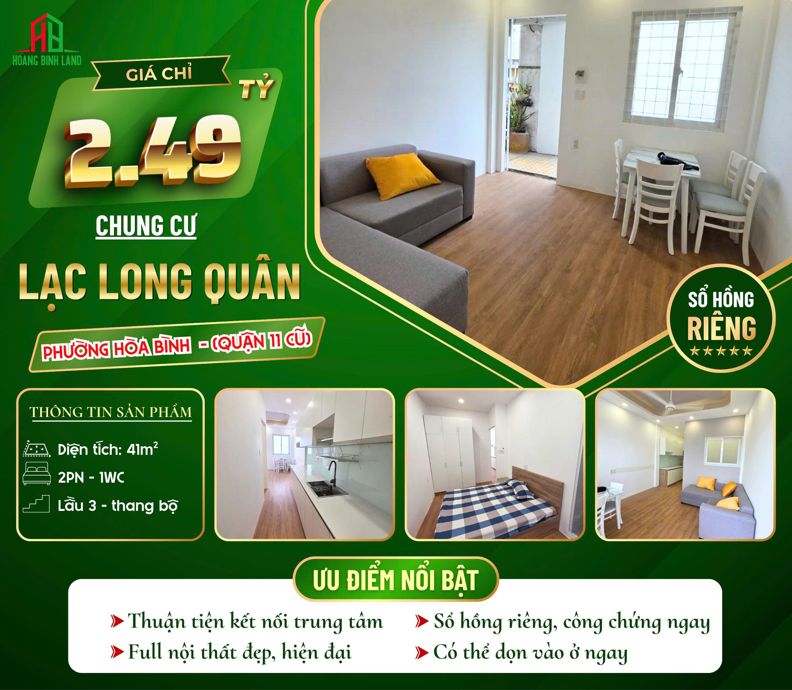 BÁN CHUNG CƯ LẠC LONG QUÂN - PHƯỜNG HOÀ BÌNH - 2,49 TỶ