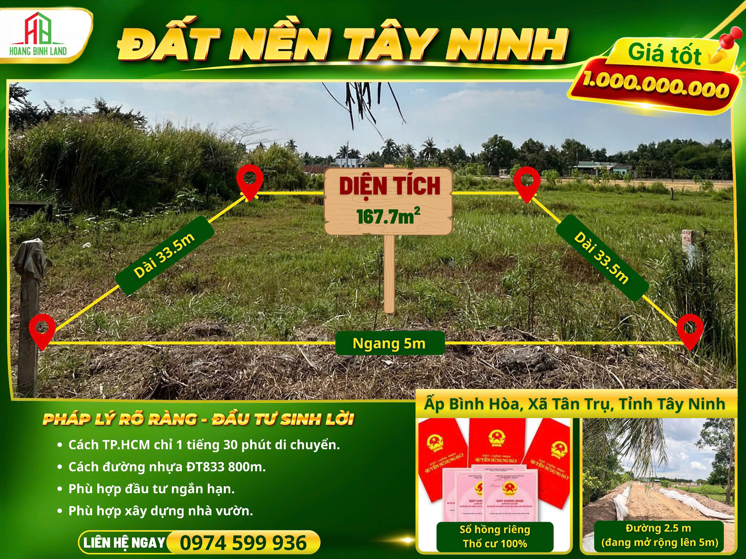 CHỈ 1 Tỷ – SỞ HỮU NGAY ĐẤT MẶT TIỀN ĐƯỜNG LỚN TẠI TÂN TRỤ