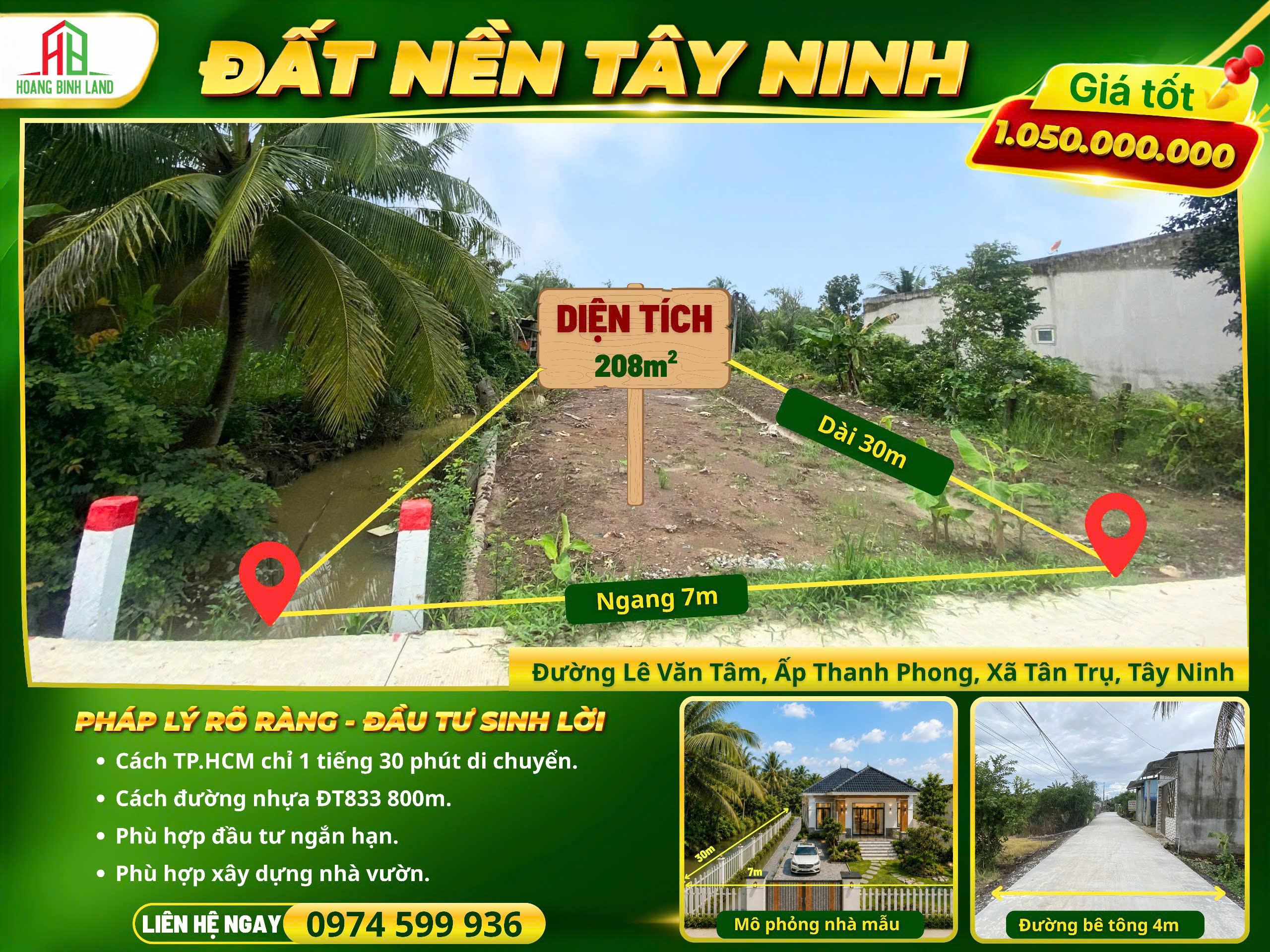   BÁN ĐẤT 100% THỔ CƯ Ở XÃ TÂN TRỤ, TÂY NINH (LONG AN CŨ) - 208m2 - GIÁ 1 TỶ 050 TRIỆU