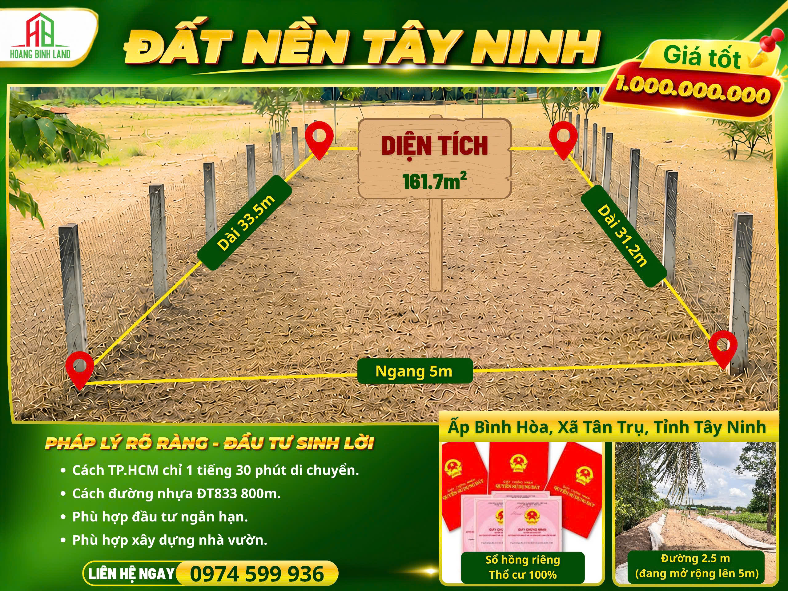 BÁN ĐẤT THỔ CƯ GẦN TRUNG TÂM XÃ TÂN TRỤ – 161,7M² – SỔ HỒNG RIÊNG – GIÁ BÁN CHỈ 1 TỶ