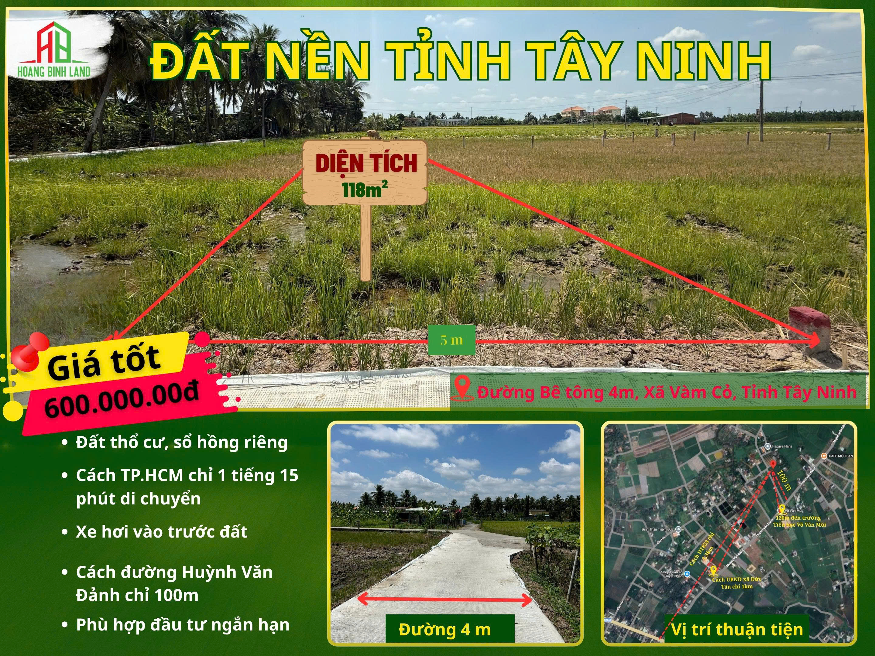 ĐẤT THỔ CƯ GIÁ 600 TRIỆU TẠI XÃ VÀM CỎ 