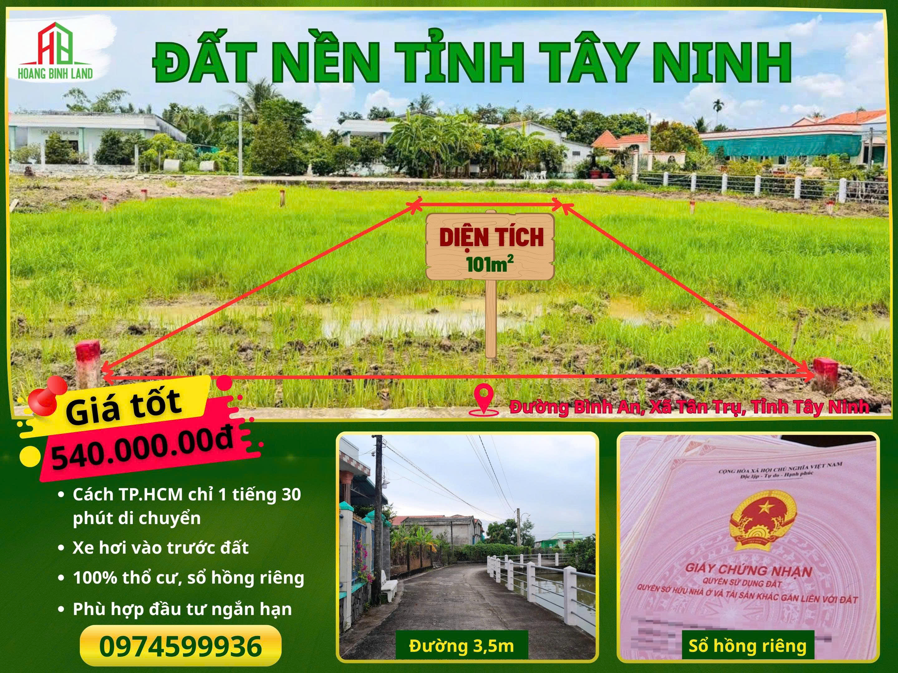 BÁN ĐẤT 100% THỔ CƯ TẠI XÃ TÂN TRỤ, TÂY NINH - GIÁ DƯỚI 600 TRIỆU