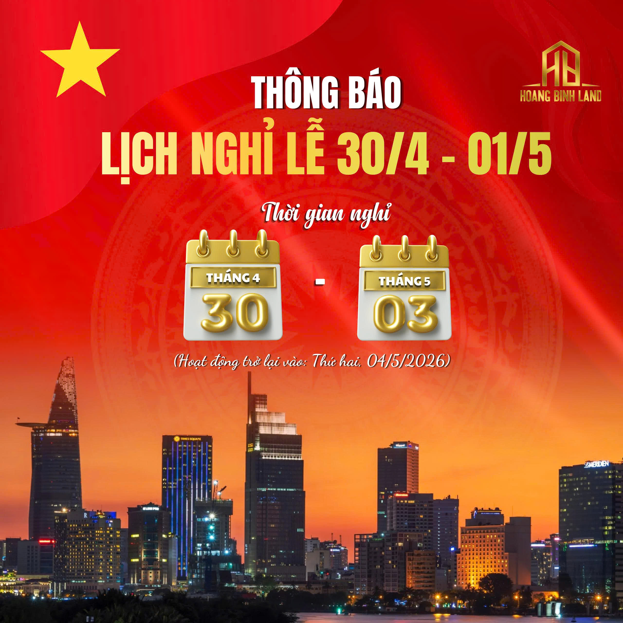 THÔNG BÁO NGHỈ LỄ 30/4 - 01/5